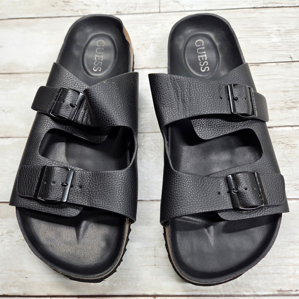 GUESS Sandals Double Strap Mens 10 Black Pebbled Buckle